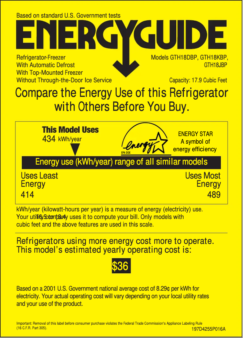 Página 1 del manual Etiqueta energética GE GTH18JBPCC