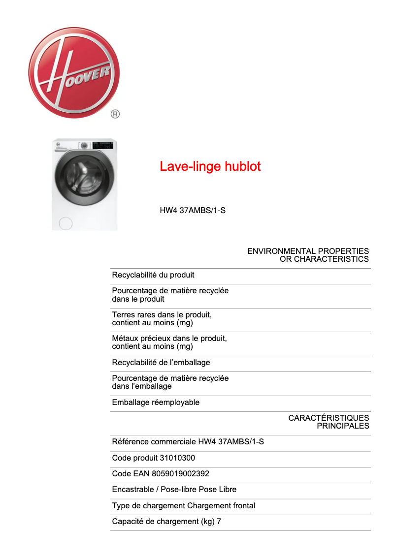 Página 1 del manual Ficha técnica Hoover HW4 37AMBS/1-S