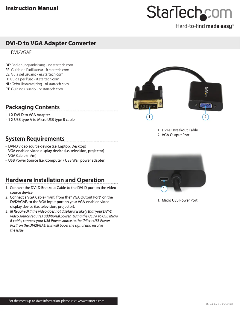 Página nº 1 - Manual de instrucciones StarTech.com DVI2VGAE