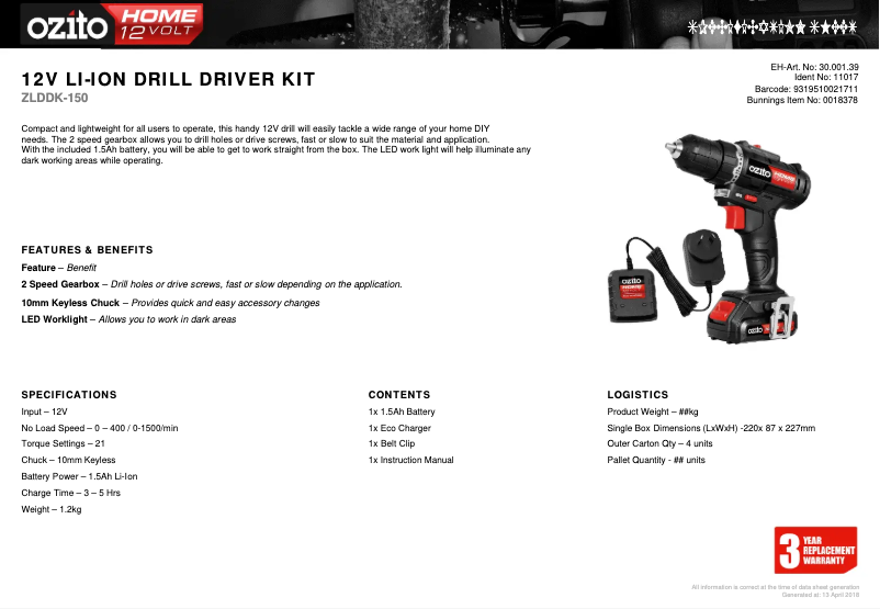 Página 1 del manual Ficha técnica Ozito ZLDDK-150