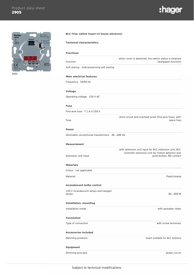 Página 1 del manual Ficha técnica Berker 2905
