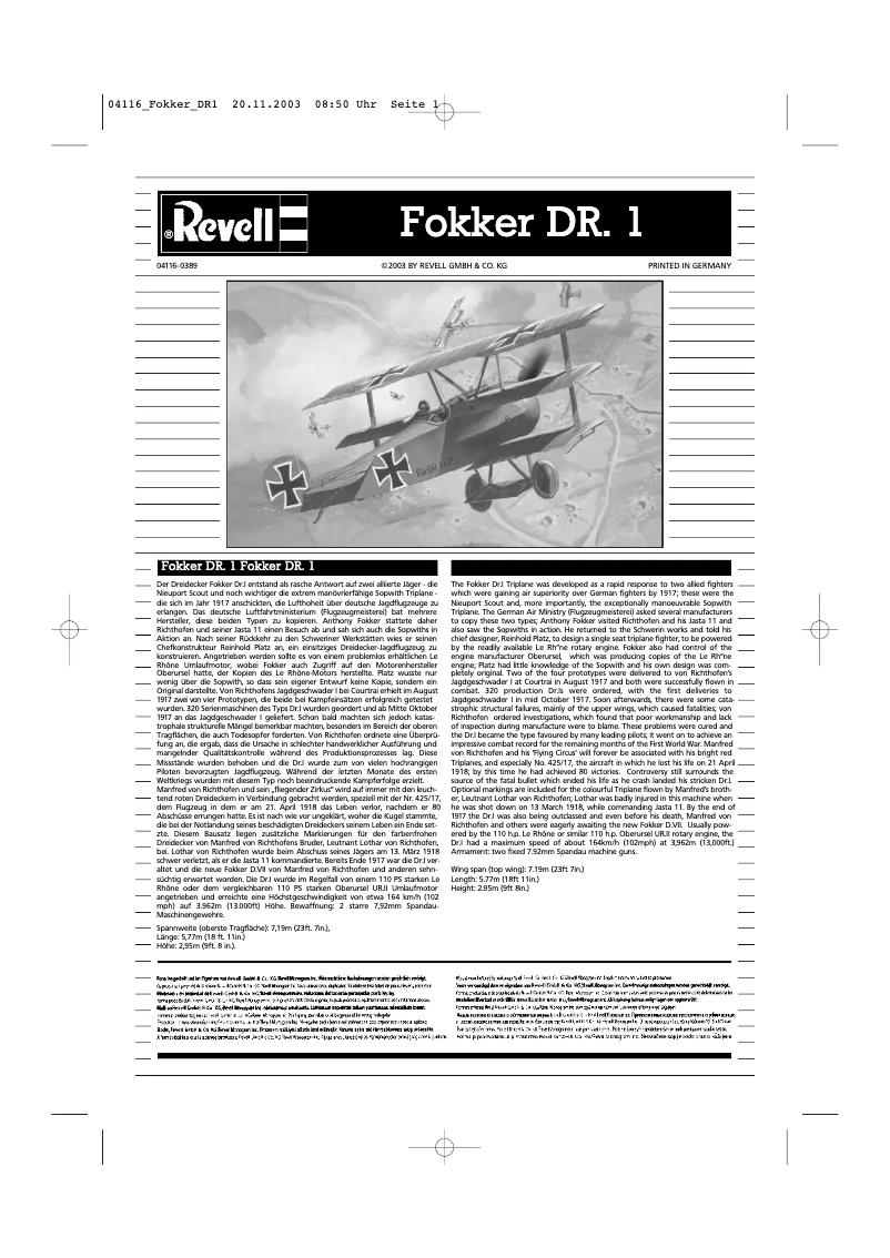 Página 1 del manual Manual de usuario Revell Fokker DR. 1 Triplane