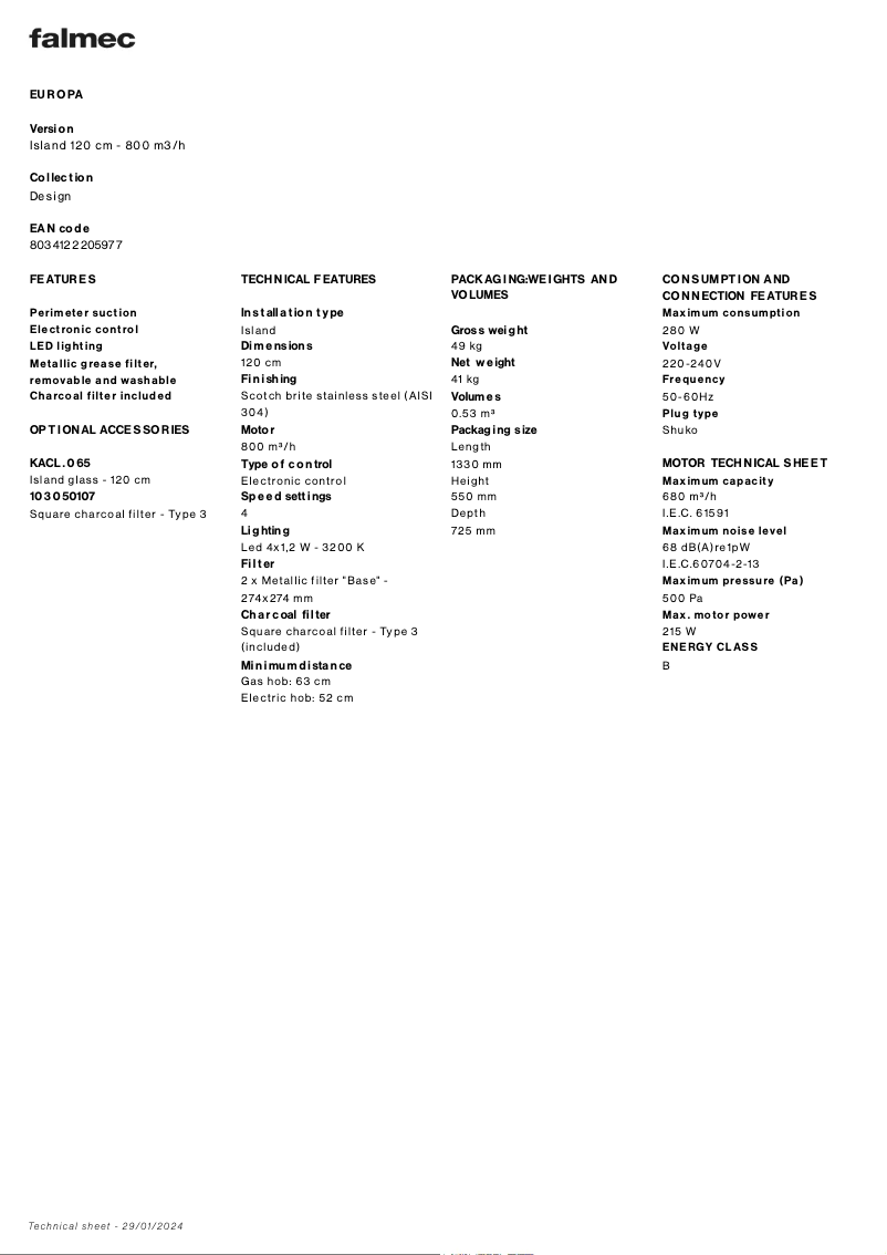 Página 1 del manual Ficha técnica Falmec Europa