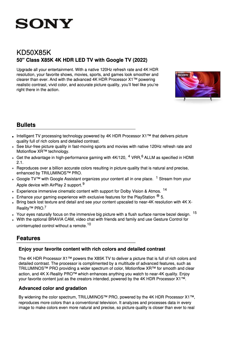 Imagen de la primera página del manual del dispositivo KD-50X85K