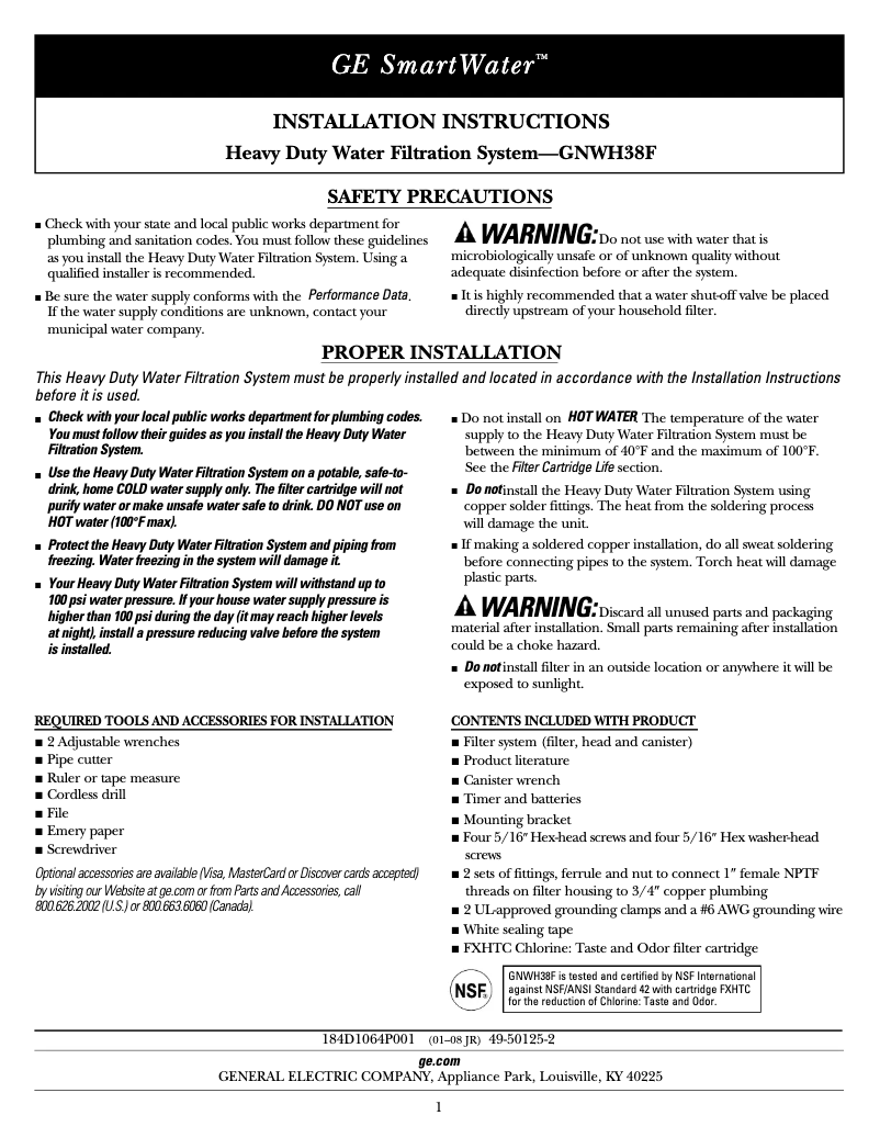 Página 1 del manual Guía de instalación GE GNWH38F