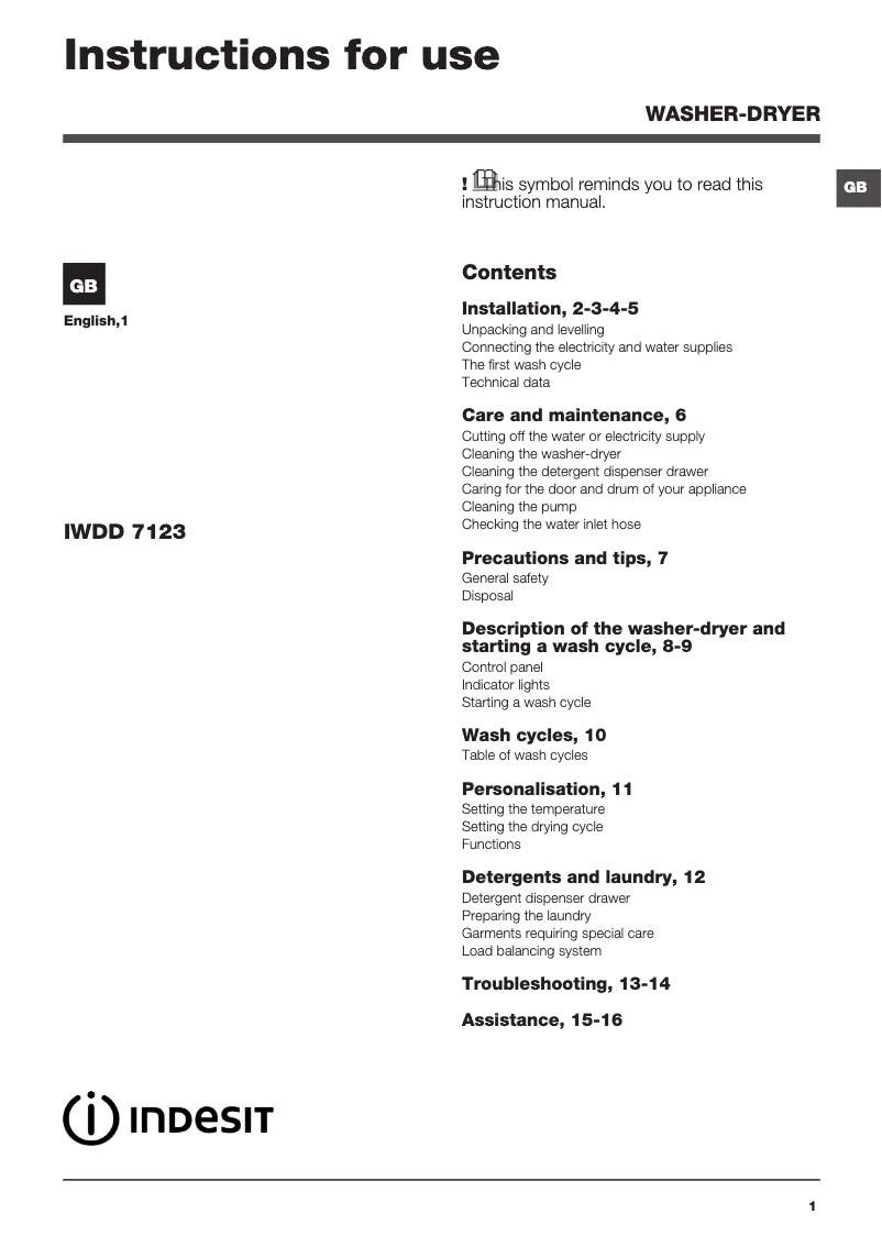 Imagen de la primera página del manual del dispositivo IWDD 7123 (UK)