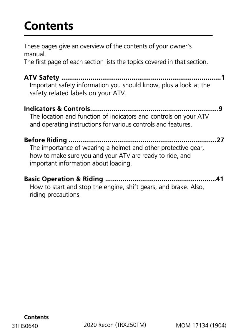 Página nº 1 - Manual de usuario Honda Recon (2020)