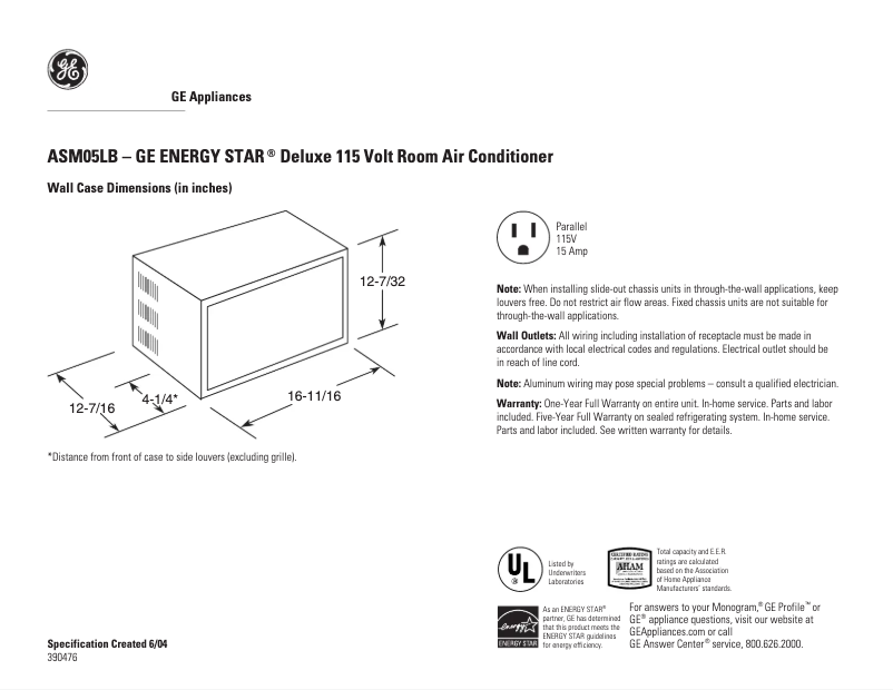 Página 1 del manual Ficha técnica GE ASM05LB