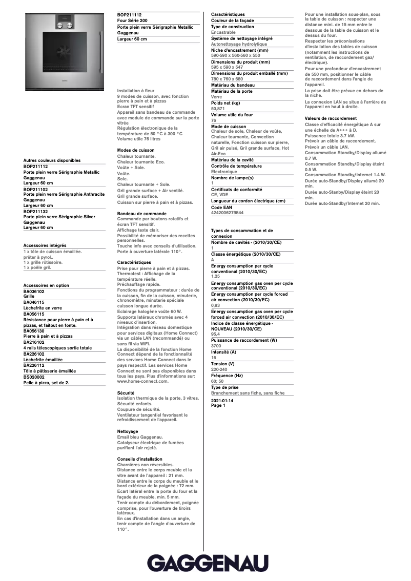 Página 1 del manual Ficha técnica Gaggenau BOP211112