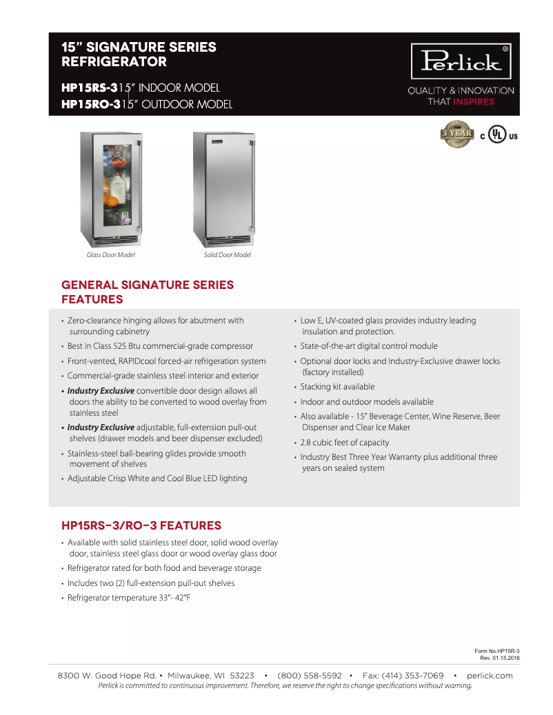 Página 1 del manual Ficha técnica Perlick Signature Series HP15RS-3-3L