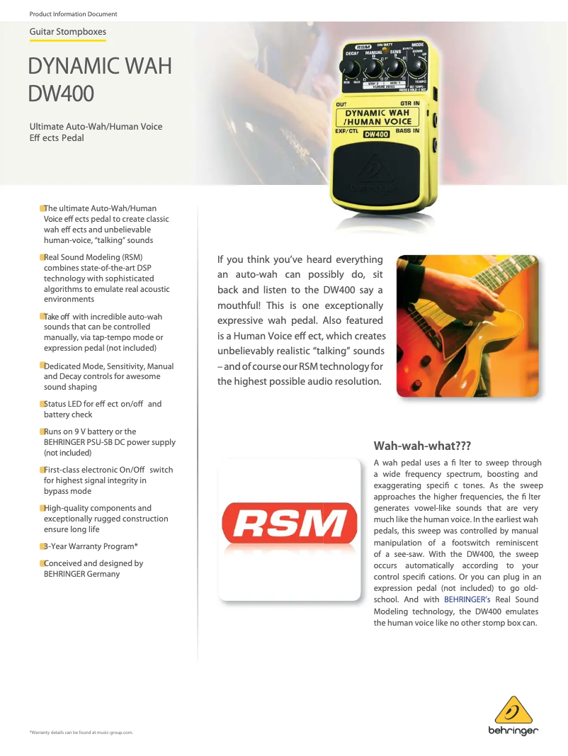 Página 1 del manual Ficha técnica Behringer Dynamic Wah DW400