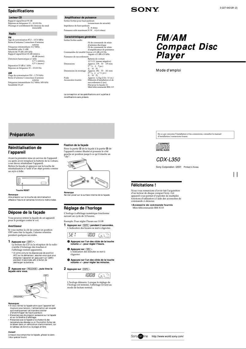 Imagen de la primera página del manual del dispositivo CDX-L350