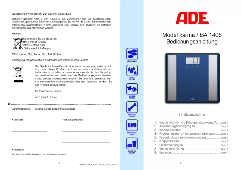 Imagen de la primera página del manual del dispositivo Selina BA 1406