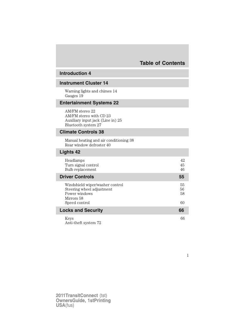 Imagen de la primera página del manual del dispositivo Transit Connect (2011)