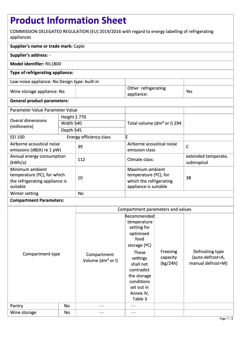 Página 1 del manual Ficha técnica Caple RIL1800