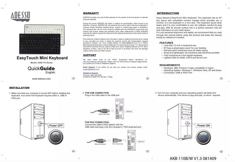 Imagen de la primera página del manual del dispositivo EasyTouch Mini AKB-110