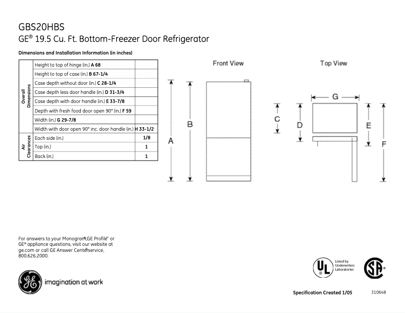 Imagen de la primera página del manual del dispositivo GBS20HBSWW