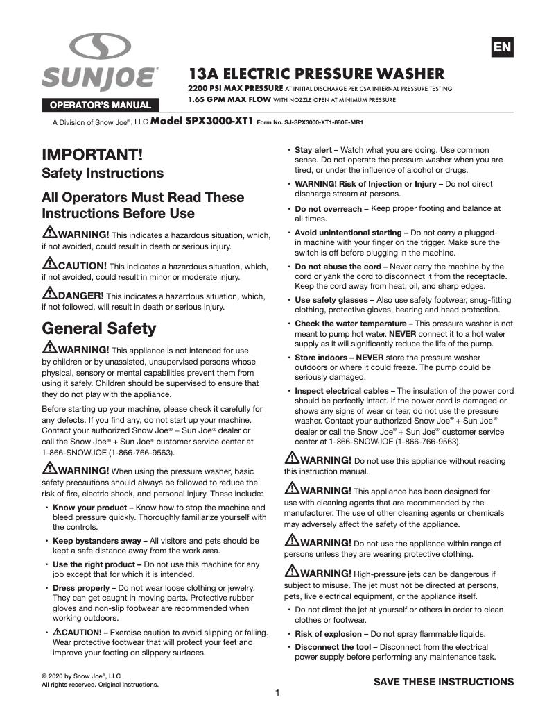 Página nº 1 - Manual de usuario Sun Joe SPX3000-XT1-MP4