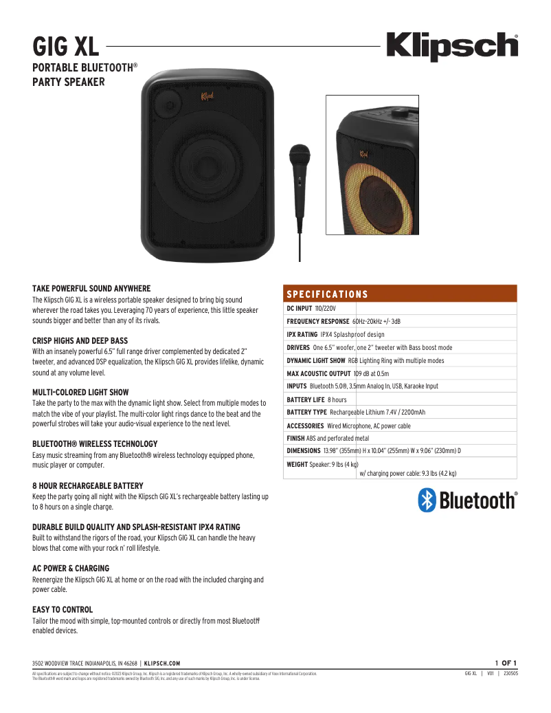 Página 1 del manual Ficha técnica Klipsch GIG XL