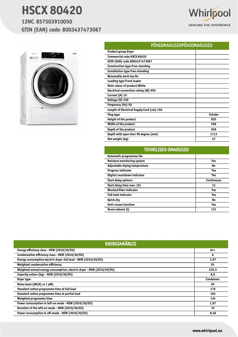 Página nº 1 - Ficha técnica Whirlpool HSCX 80420