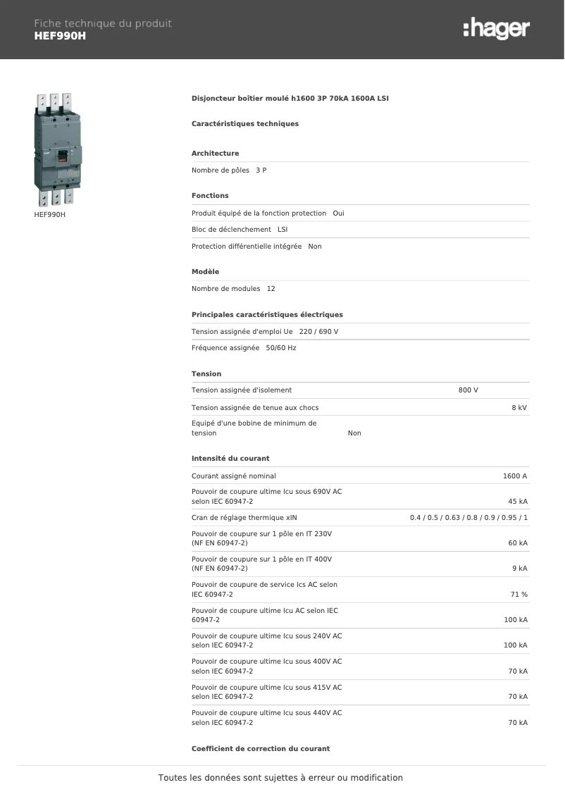 Página 1 del manual Ficha técnica Hager HEF990H