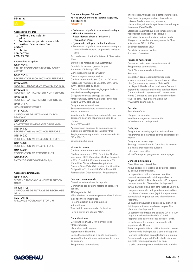 Página 1 del manual Ficha técnica Gaggenau BS485112