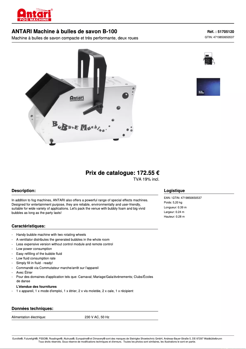 Página 1 del manual Ficha técnica Antari B-100