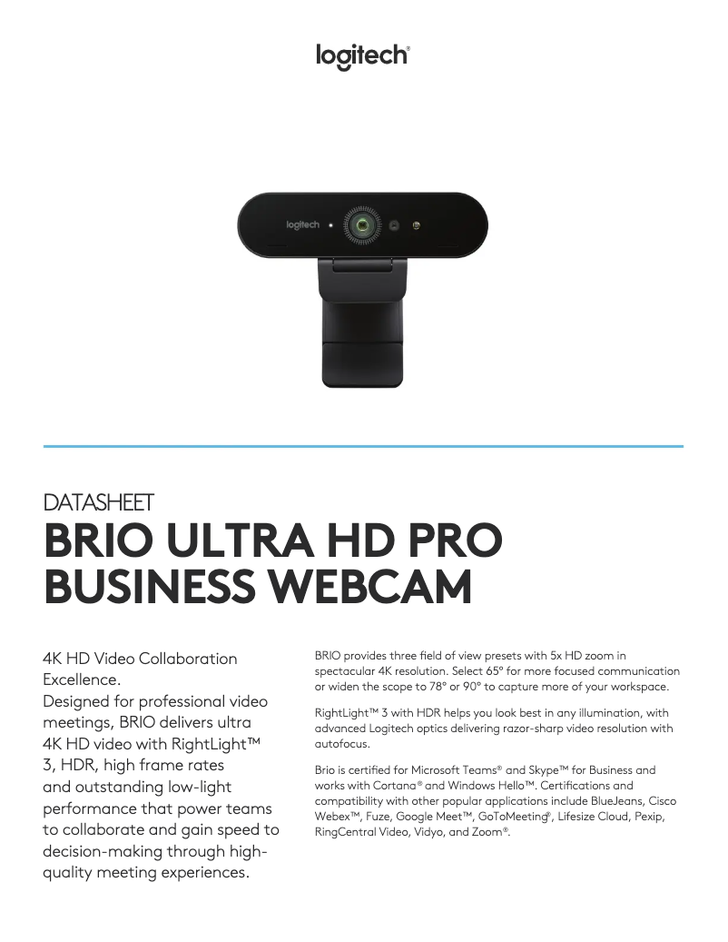 Página nº 1 - Ficha técnica Logitech 4K Pro Webcam