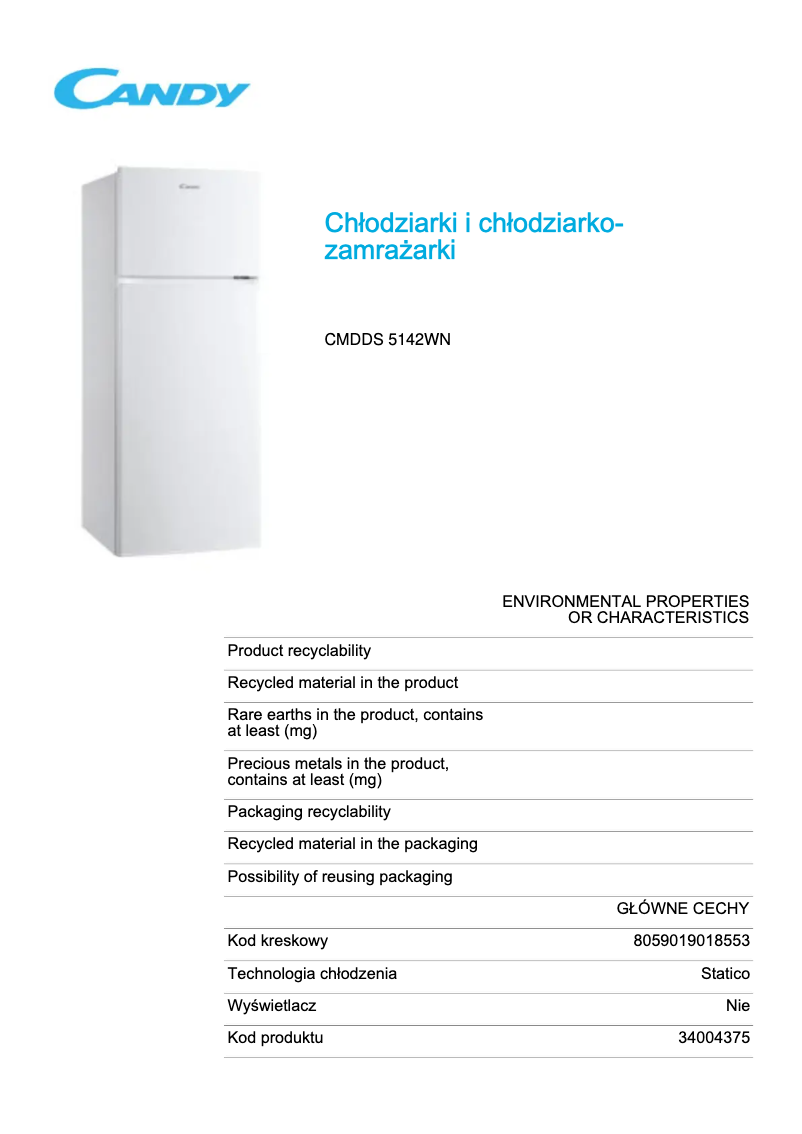 Página 1 del manual Ficha técnica Candy CMDDS 5142WN