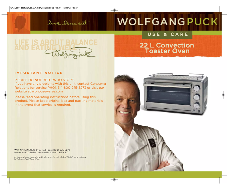 Página 1 del manual Manual de usuario Wolfgang Puck WPCOB020