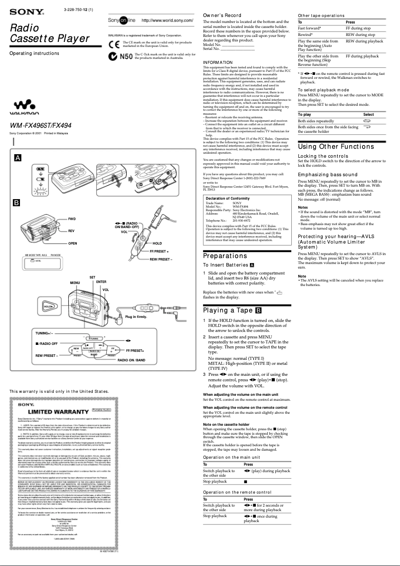 Imagen de la primera página del manual del dispositivo Walkman WM-FX494