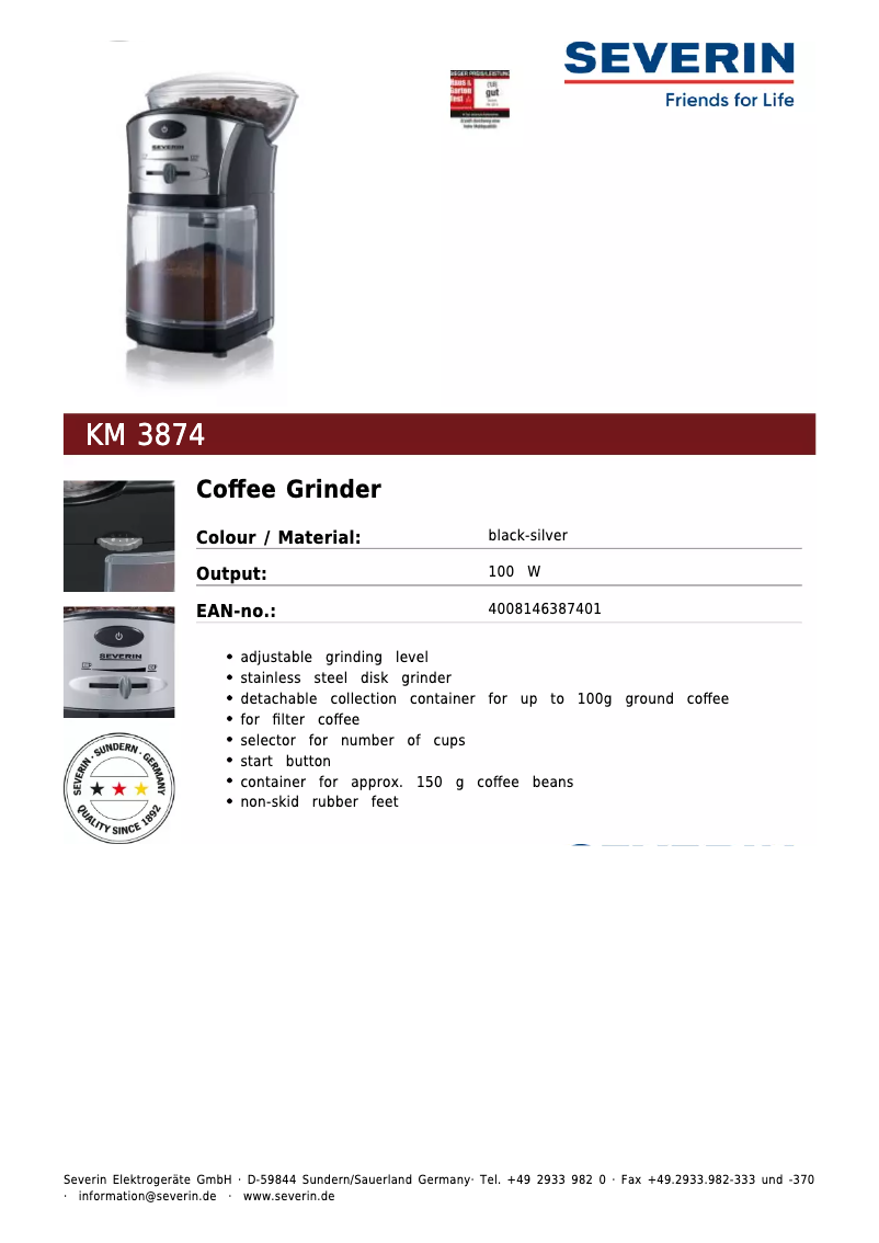 Página 1 del manual Ficha técnica Severin KM 3874