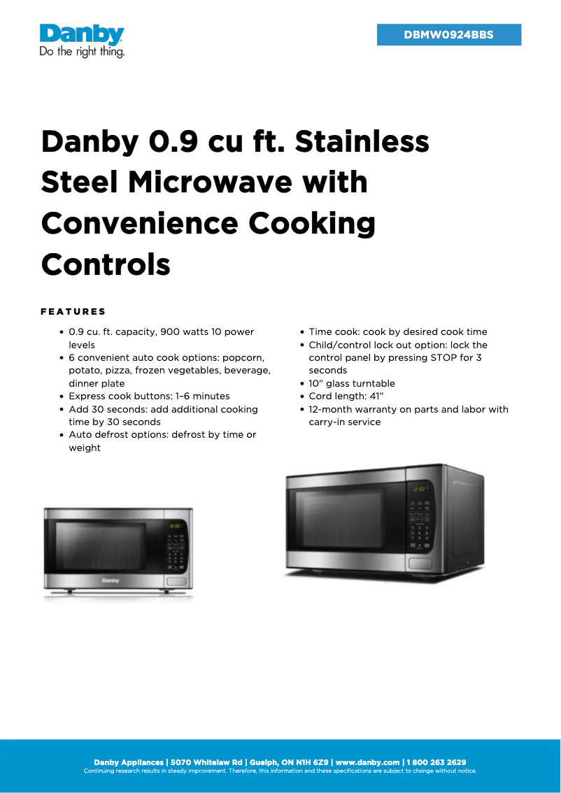 Página 1 del manual Ficha técnica Danby DBMW0924BBS