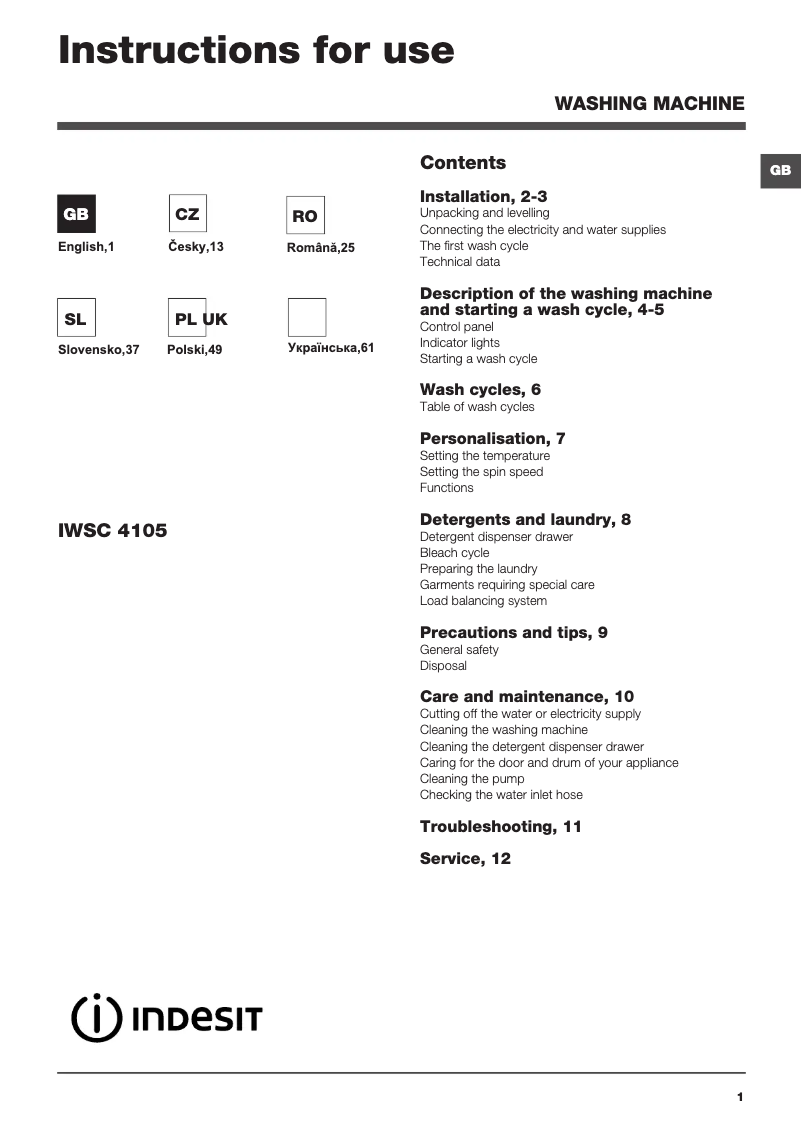 Imagen de la primera página del manual del dispositivo IWSC 4105