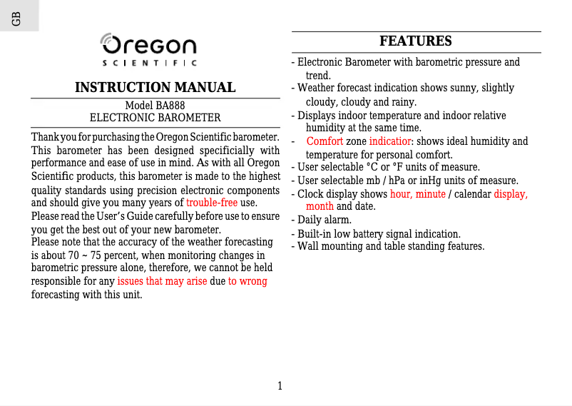 Página 1 del manual Manual de usuario Oregon Scientific BA888