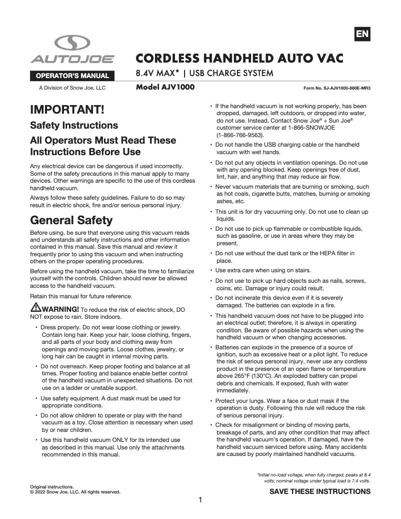 Página 1 del manual Manual de usuario Auto Joe AJV1000