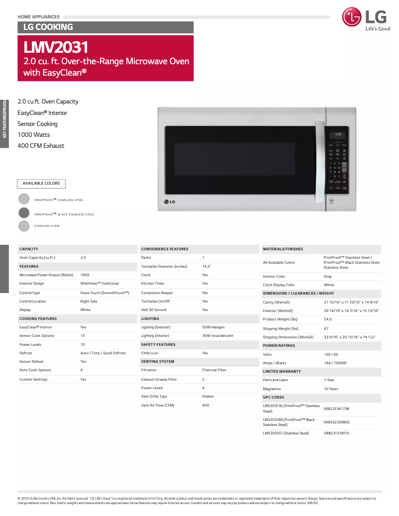 Página 1 del manual Ficha técnica LG LMV1831SS