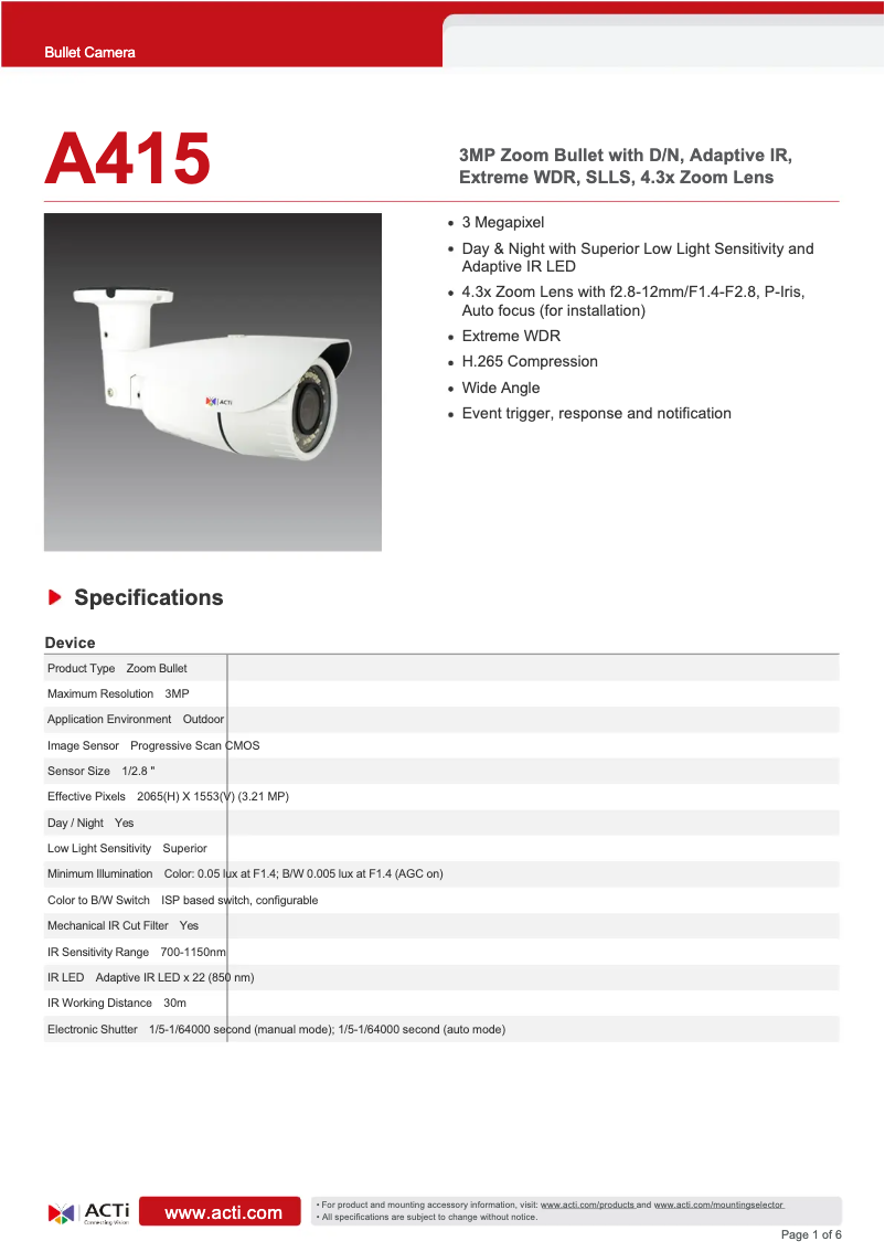 Página 1 del manual Ficha técnica ACTi A415