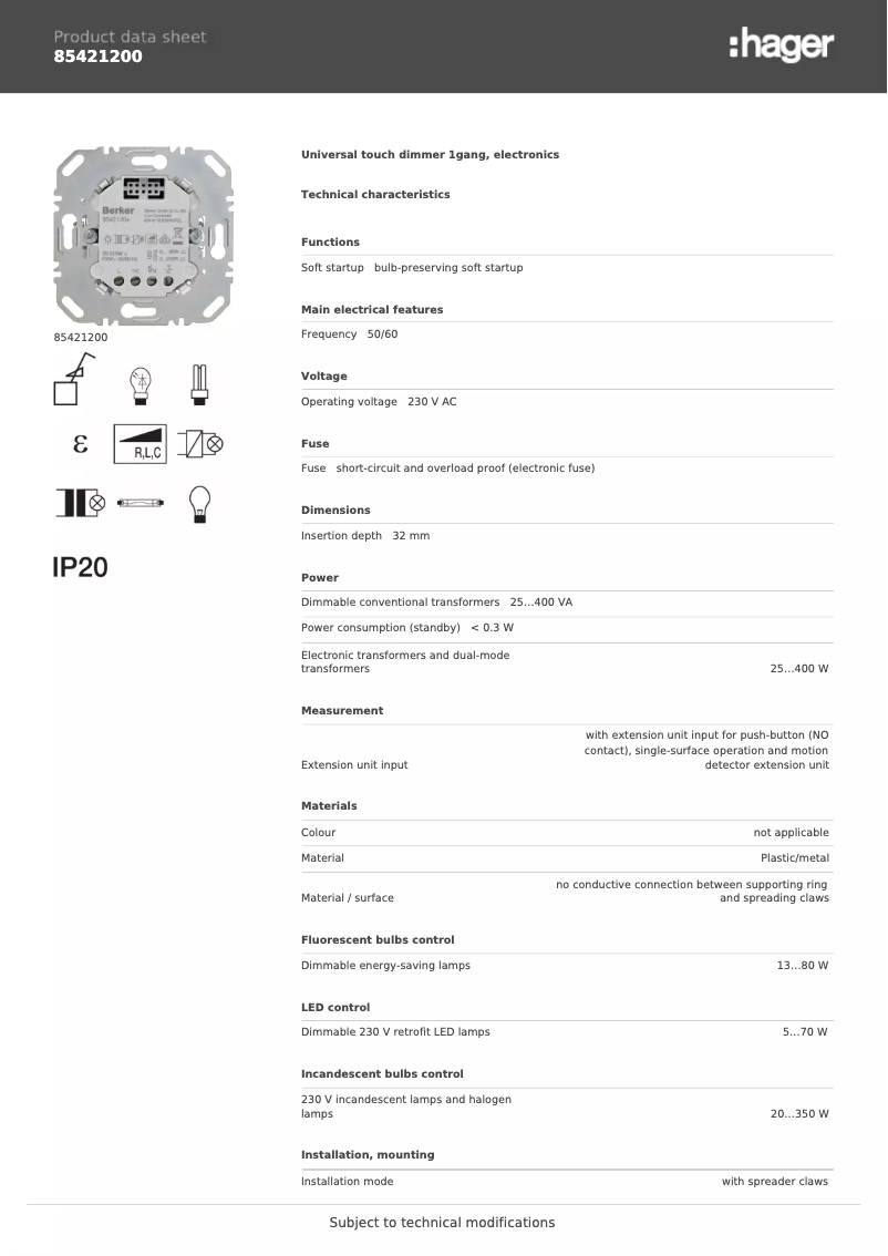 Página 1 del manual Ficha técnica Hager 85421200