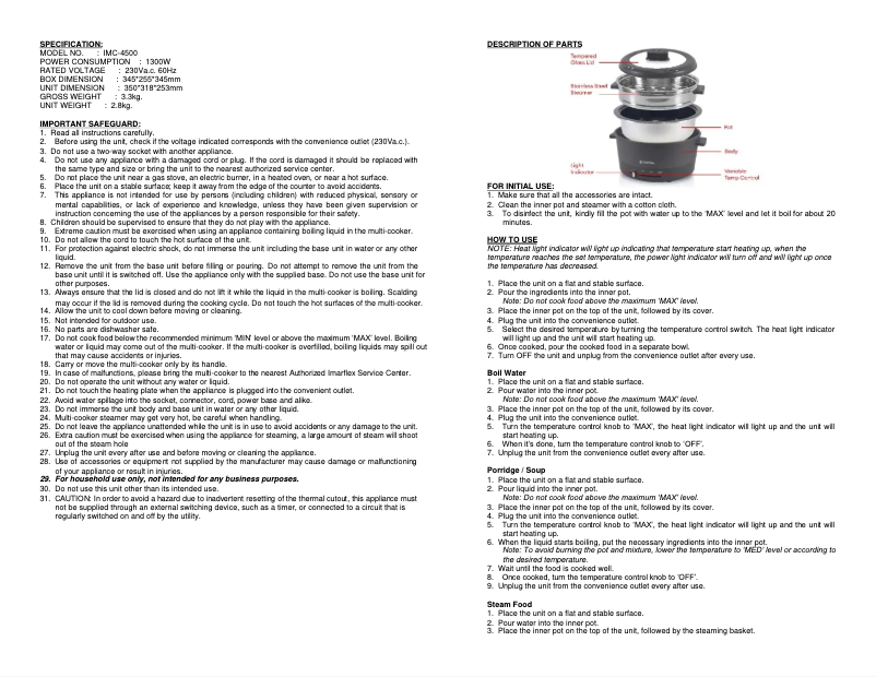 Imagen de la primera página del manual del dispositivo IMC-4500