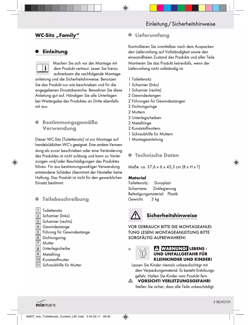 Imagen de la primera página del manual del dispositivo Family IAN 64637