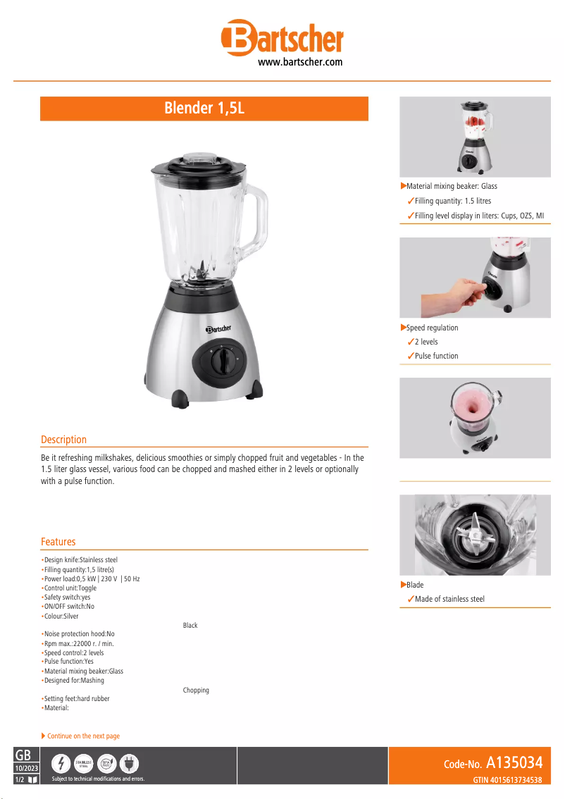 Página 1 del manual Ficha técnica Bartscher A135034