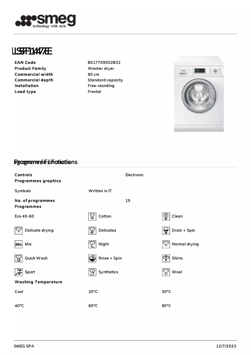 Página 1 del manual Ficha técnica Smeg LSF147E