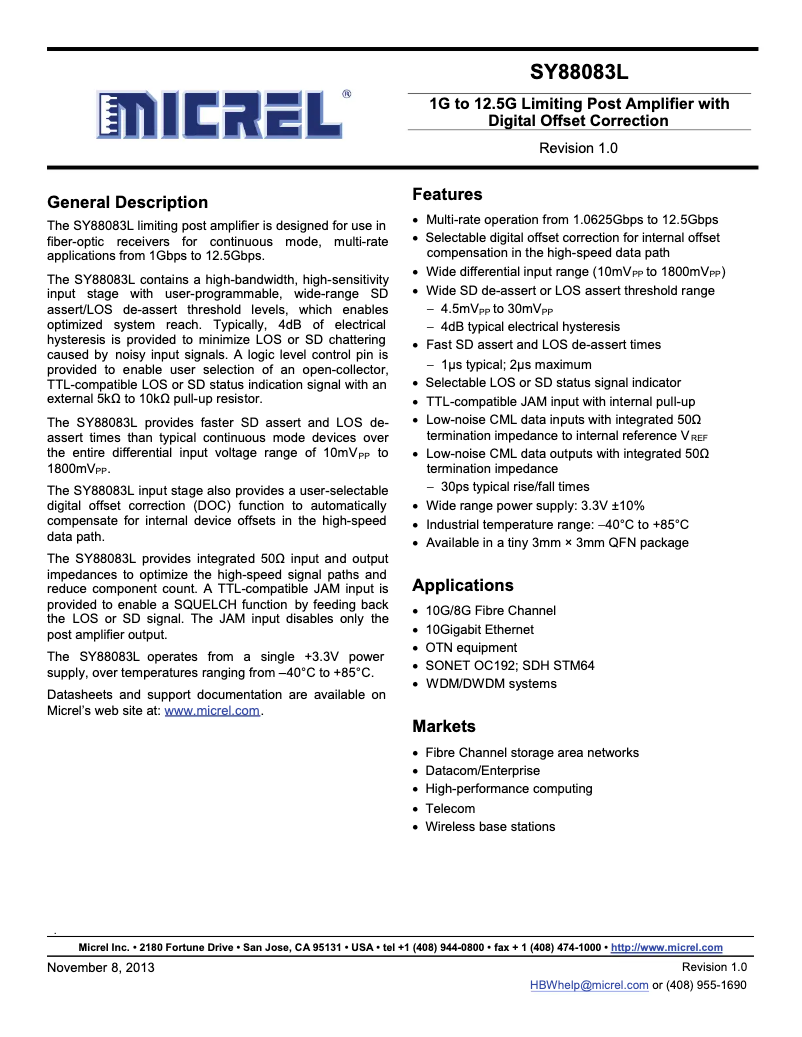 Imagen de la primera página del manual del dispositivo SY88083L