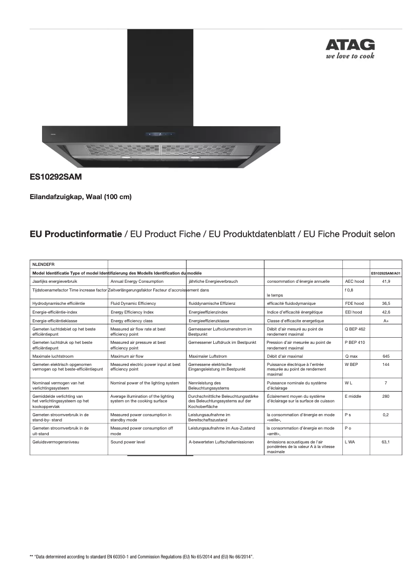 Página 1 del manual Ficha técnica Atag ES10292SAM