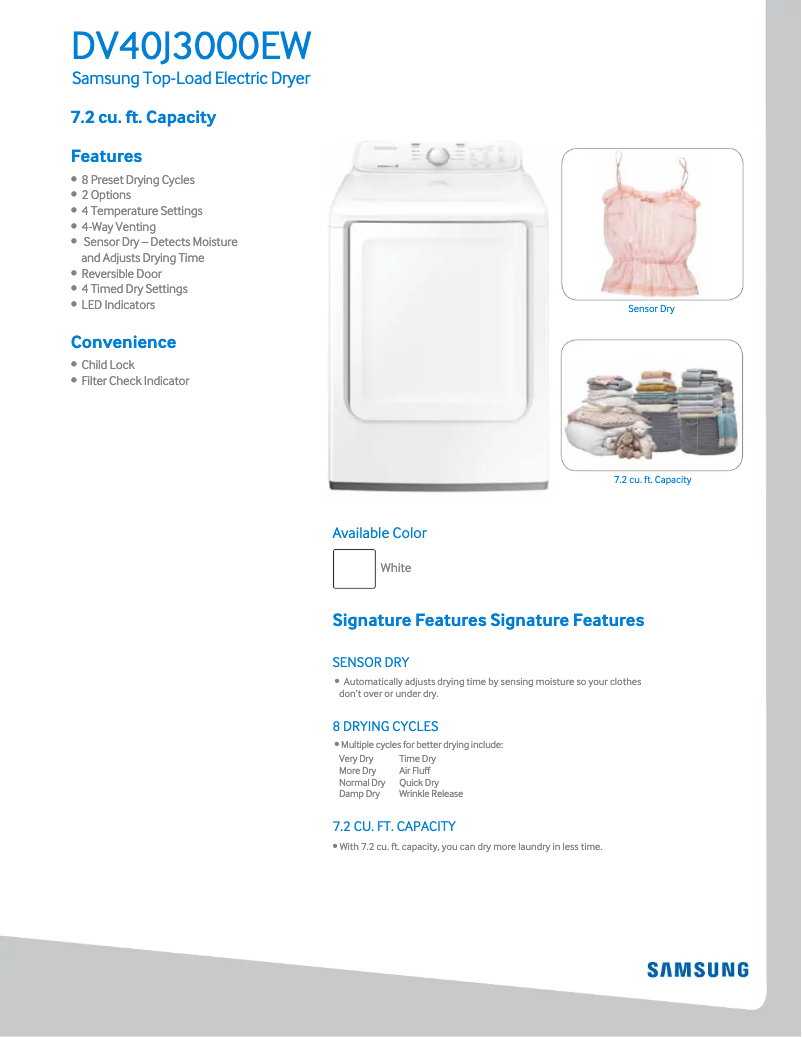 Página 1 del manual Ficha técnica Samsung DV40J3000EW