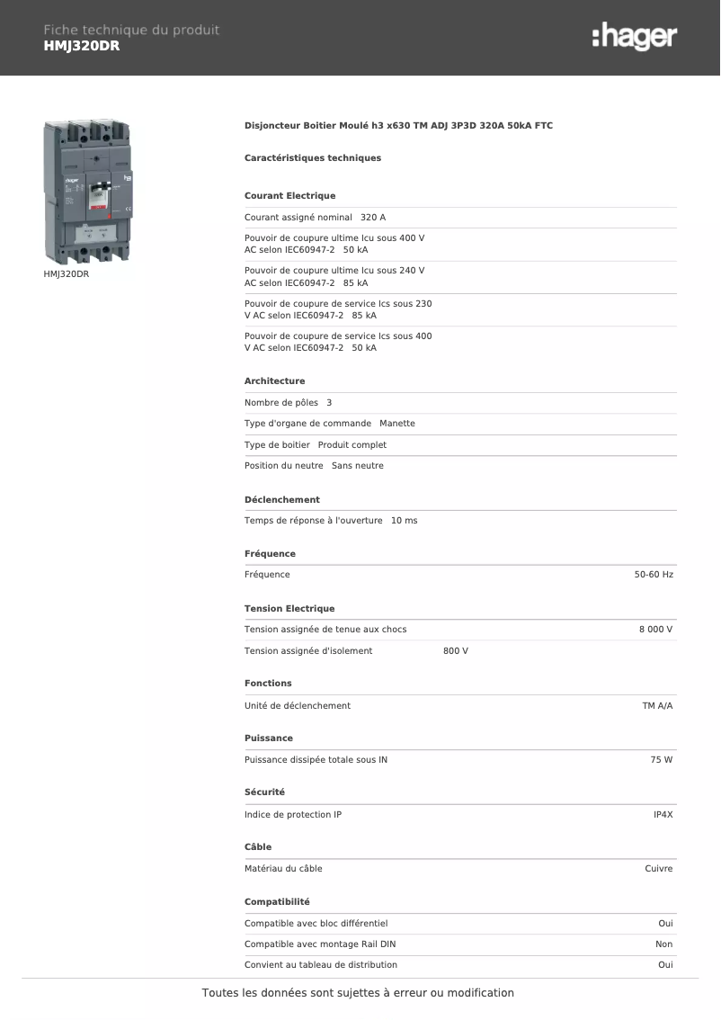 Página 1 del manual Ficha técnica Hager HMJ320DR