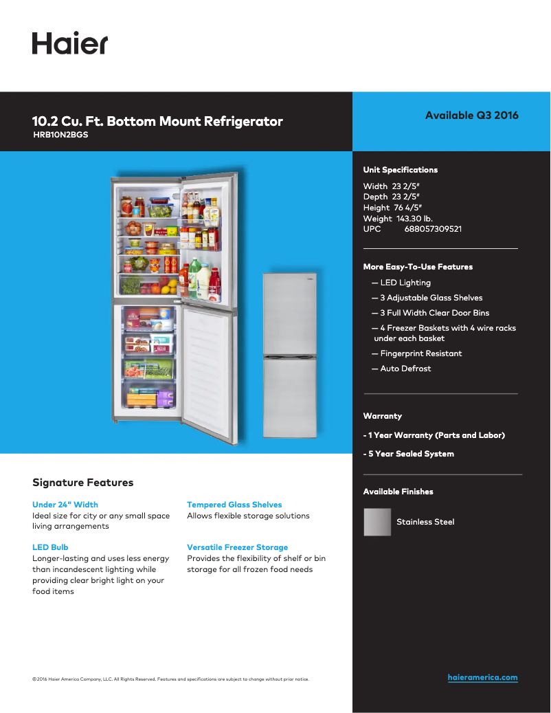 Página 1 del manual Ficha técnica Haier HRB10N2