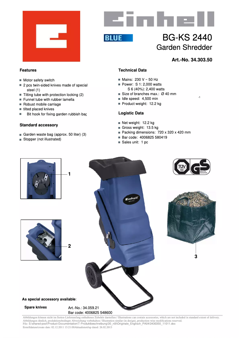 Página 1 del manual Ficha técnica Einhell BG-KS 2440