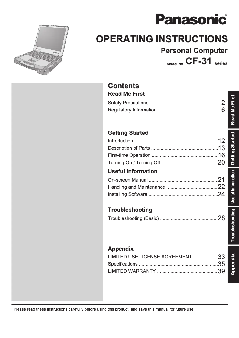 Imagen de la primera página del manual del dispositivo Toughbook CF-31